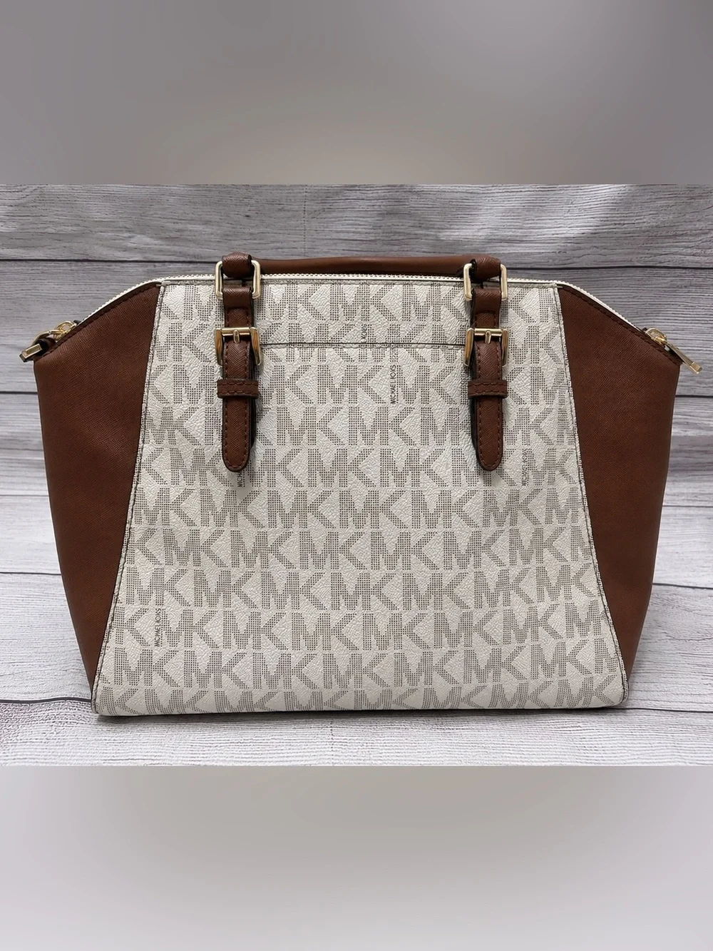Michael Kors Signature MK Satchel Cream Brown Leather Crossbody